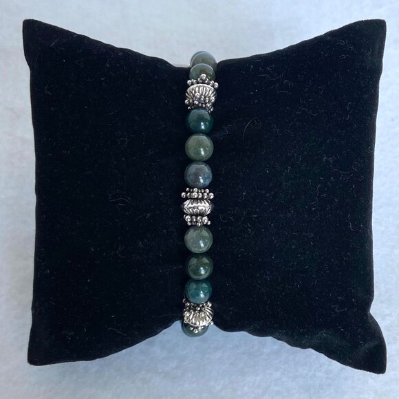 Sterling Silver 925 Round Green Moss Agate Beaded Bracelet Sz 6.75" - Picture 3 of 16